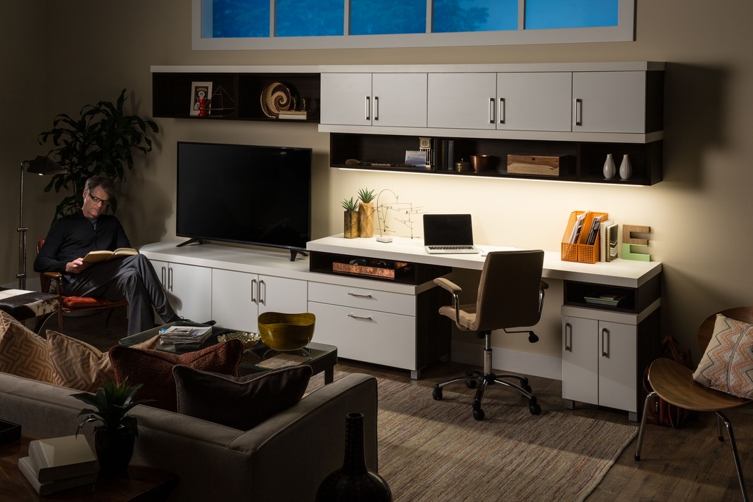 Built-in home office with custom shelving in a Sussex County, Delaware home
