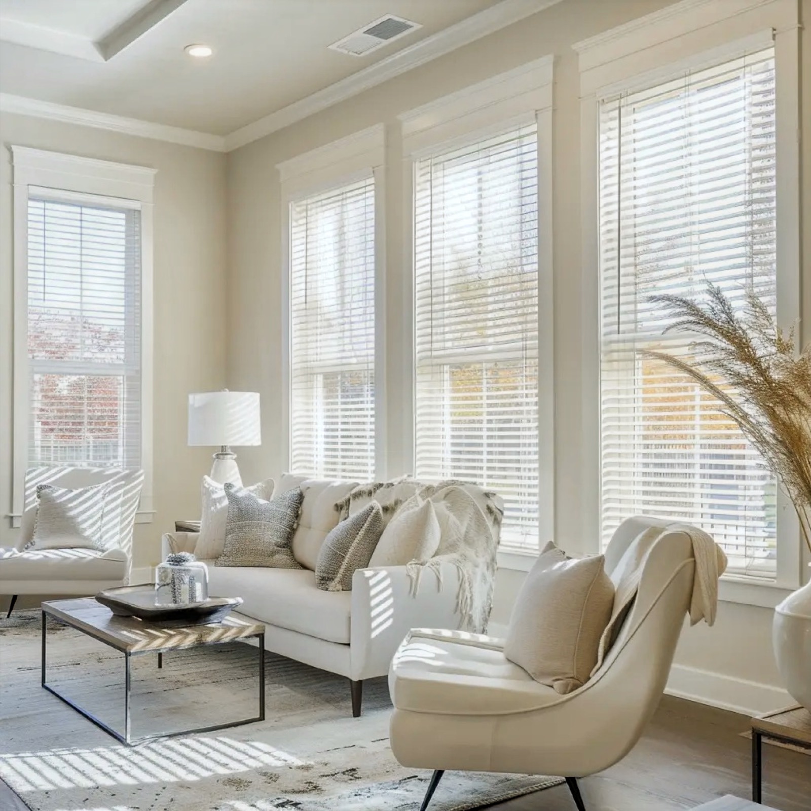 Close detail of white Ashford faux wood blind slats
