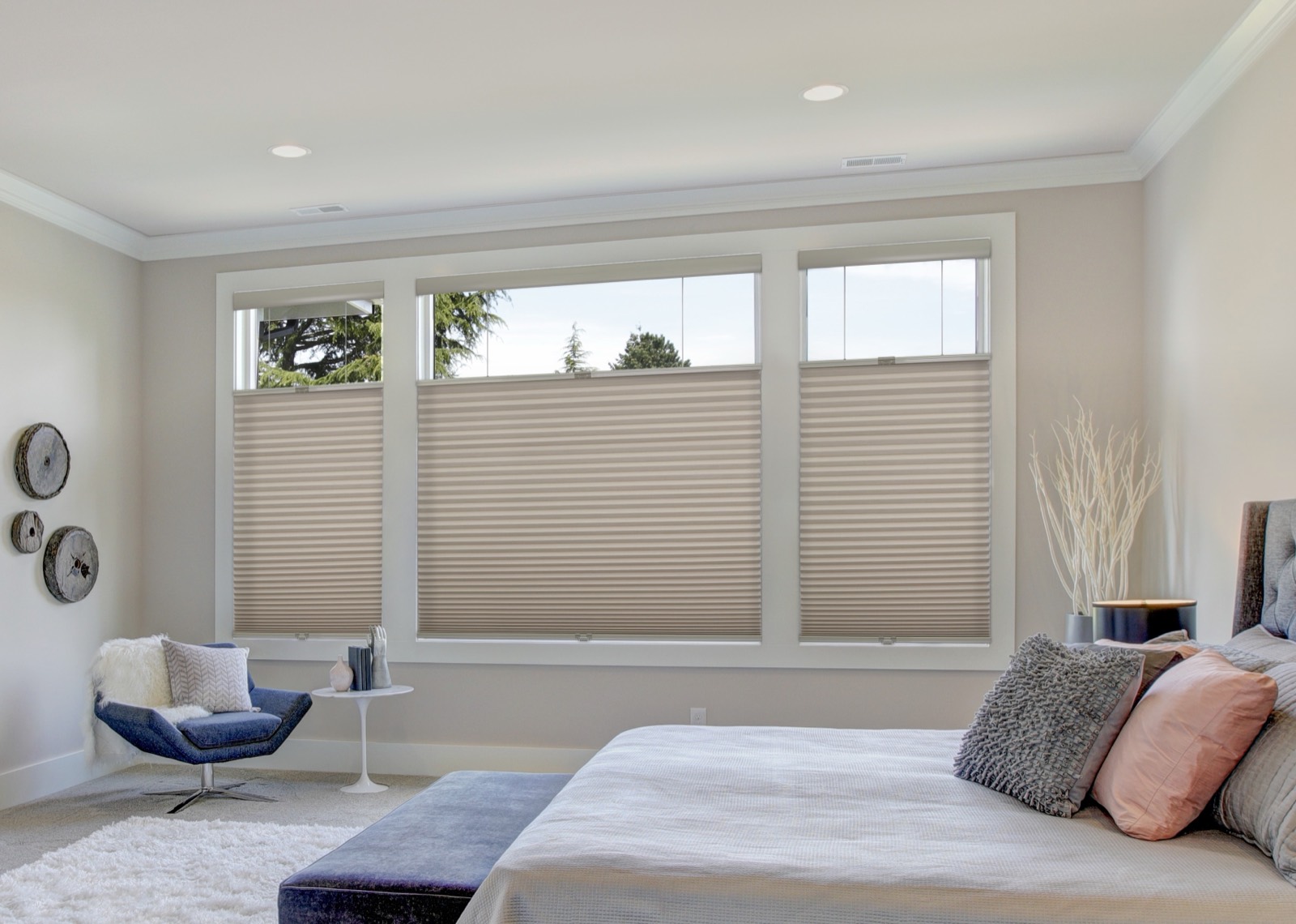 Cellular honeycomb Softlight shades filtering light across a living room window