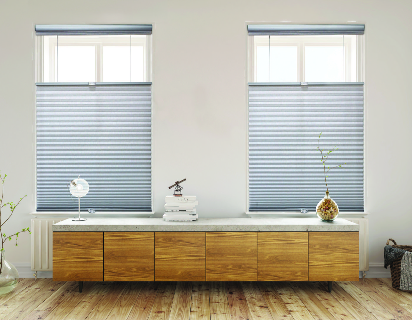 Cordless top-down bottom-up cellular honeycomb Softlight shades on a bank of windows