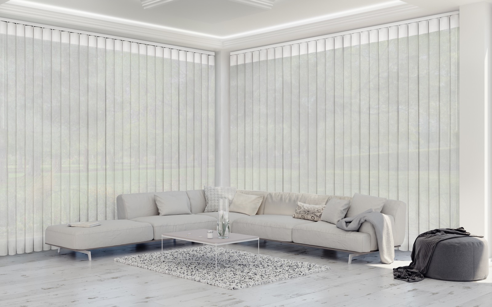 Verti-Sheer vertical sheer Softlight shades across a wide living room window