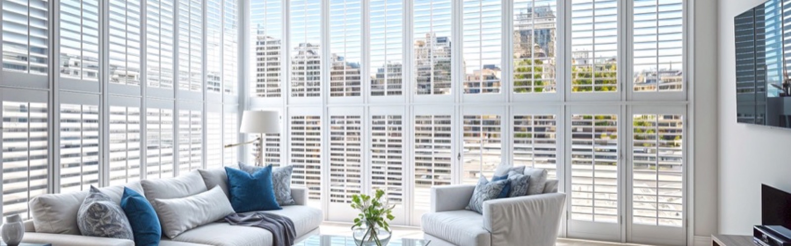 White plantation shutters covering a full wall of floor-to-ceiling windows in a bright living room