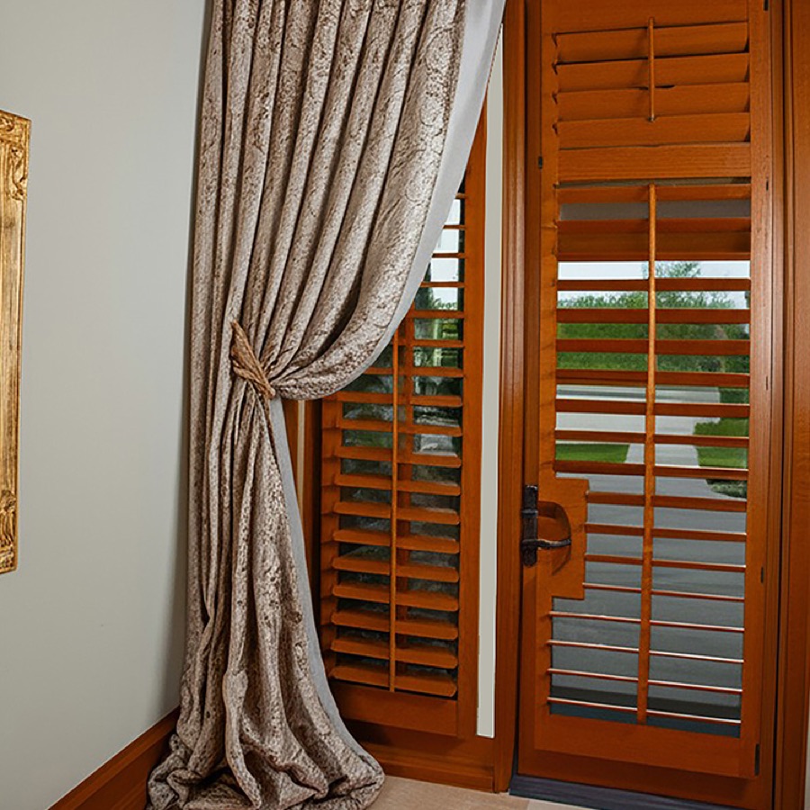 Stained wood plantation shutters fitted to a french door with clearance for the handle