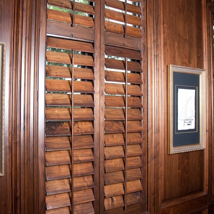 Wynhaven Reserve stained basswood plantation shutters
