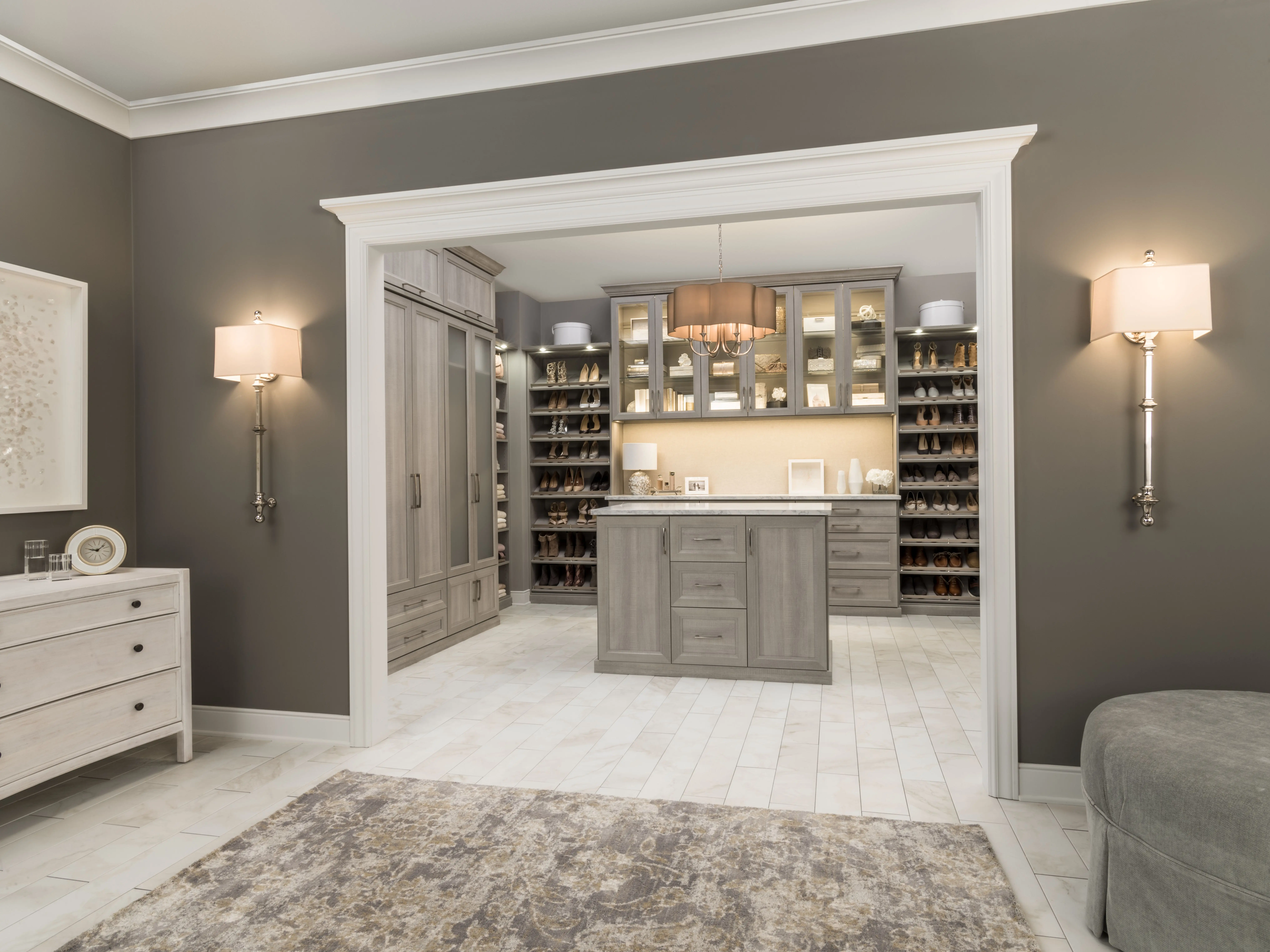 Walk-in closet design with soft-close drawers — custom closet inspiration